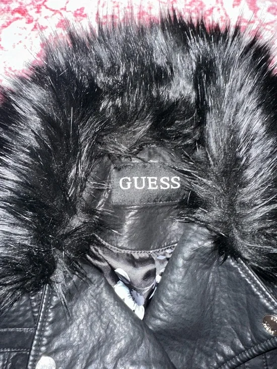 GUESS Black Faux Leather Jacket with Faux Fur Collar and Zip Details - Picture 3 of 4